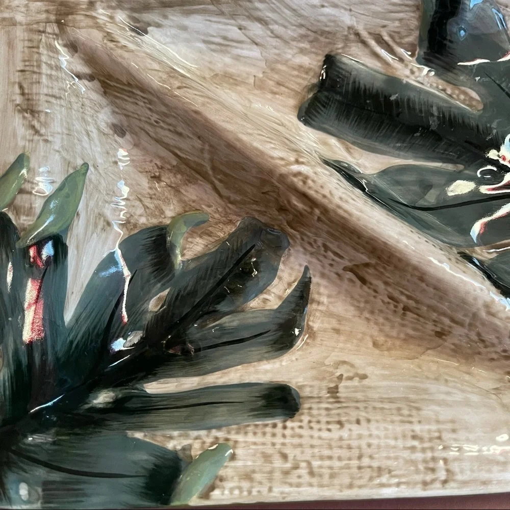 Island Plantations Monstera Leaves Serving Sectional Platter Hand Painted